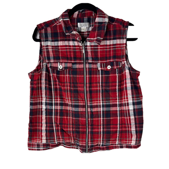 Christopher & Banks Red and Blue Plaid Vest Sleeveless Design - Picture 1 of 8